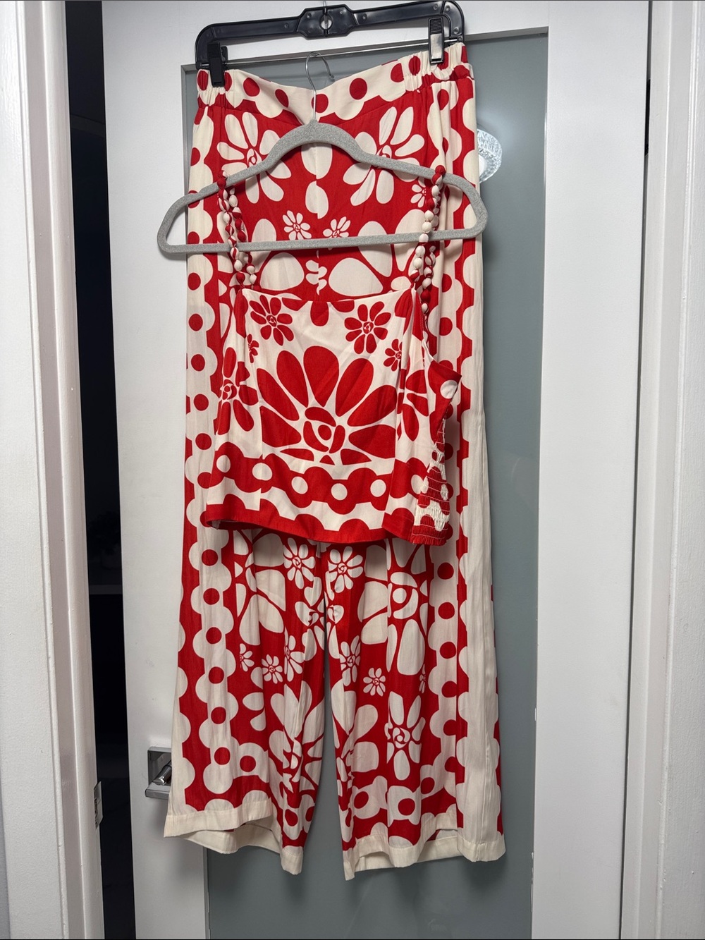 Two-Piece Silky Red and Cream Floral Set